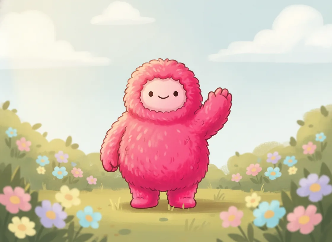 Moko β a round, pink, fluffy creature waving hello from a sunlit flower garden